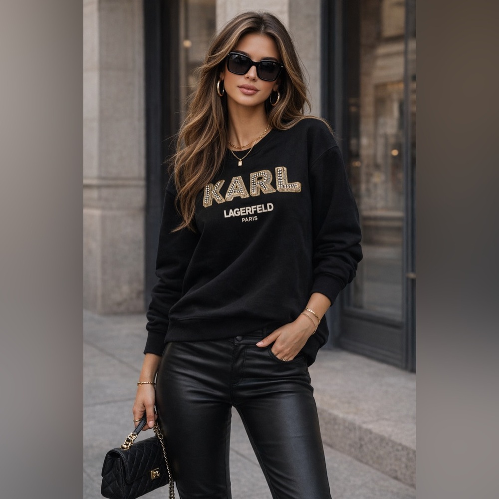 Karl Lagerfeld Black Crewneck Sweatshirt with Gold Studded KARL